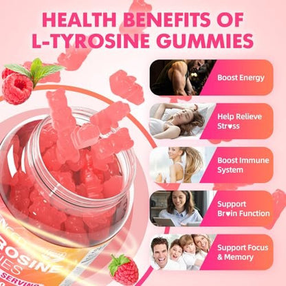 MEENCCD L-Tyrosin Gummibärchen, 1000 mg L-Tyrosin Nahrungsergänzungsmittel für Kinder & Erwachsene, tägliche Wellness-Unterstützung, Nicht-GVO, Zuckerfrei, Himbeergeschmack, 60 Stück