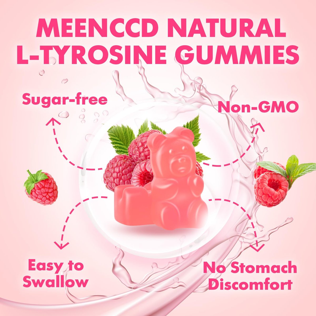 MEENCCD L-Tyrosin Gummibärchen, 1000 mg L-Tyrosin Nahrungsergänzungsmittel für Kinder & Erwachsene, tägliche Wellness-Unterstützung, Nicht-GVO, Zuckerfrei, Himbeergeschmack, 60 Stück
