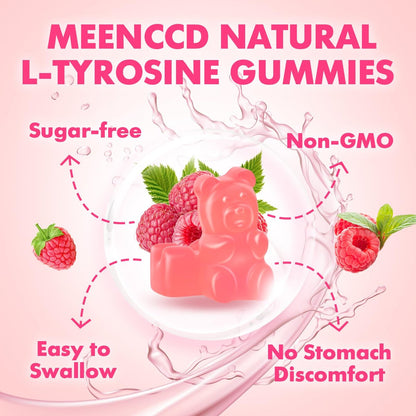 MEENCCD L-Tyrosin Gummibärchen, 1000 mg L-Tyrosin Nahrungsergänzungsmittel für Kinder & Erwachsene, tägliche Wellness-Unterstützung, Nicht-GVO, Zuckerfrei, Himbeergeschmack, 60 Stück