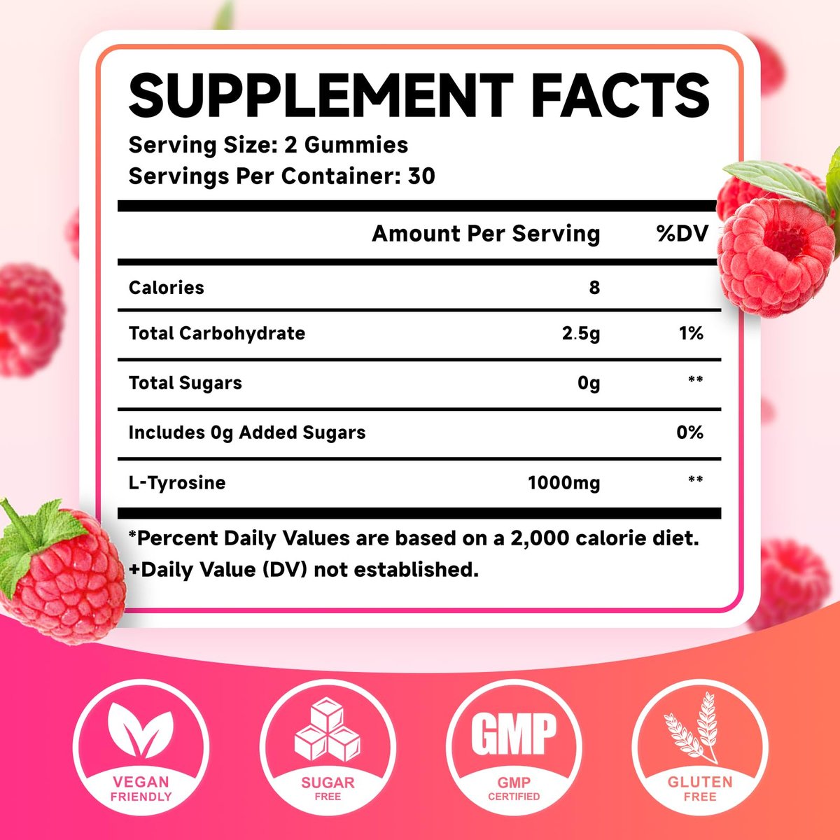 MEENCCD L-Tyrosin Gummibärchen, 1000 mg L-Tyrosin Nahrungsergänzungsmittel für Kinder & Erwachsene, tägliche Wellness-Unterstützung, Nicht-GVO, Zuckerfrei, Himbeergeschmack, 60 Stück