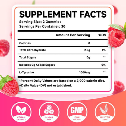 MEENCCD L-Tyrosin Gummibärchen, 1000 mg L-Tyrosin Nahrungsergänzungsmittel für Kinder & Erwachsene, tägliche Wellness-Unterstützung, Nicht-GVO, Zuckerfrei, Himbeergeschmack, 60 Stück