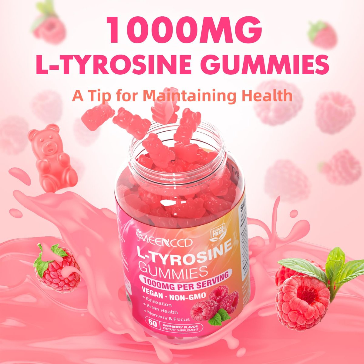 MEENCCD L-Tyrosin Gummibärchen, 1000 mg L-Tyrosin Nahrungsergänzungsmittel für Kinder & Erwachsene, tägliche Wellness-Unterstützung, Nicht-GVO, Zuckerfrei, Himbeergeschmack, 60 Stück