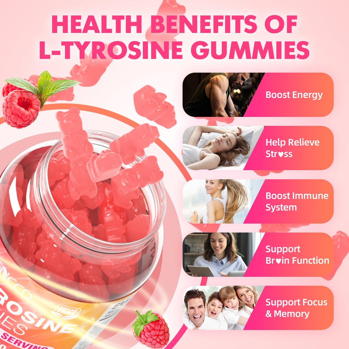MEENCCD L-Tyrosin Gummibärchen, 1000 mg L-Tyrosin Nahrungsergänzungsmittel für Kinder & Erwachsene, tägliche Wellness-Unterstützung, Nicht-GVO, Zuckerfrei, Himbeergeschmack, 60 Stück