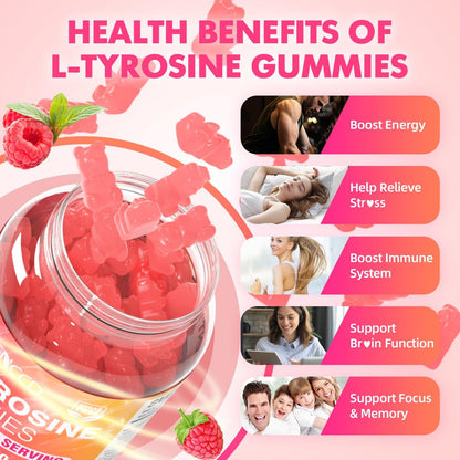 MEENCCD L-Tyrosin Gummibärchen, 1000 mg L-Tyrosin Nahrungsergänzungsmittel für Kinder & Erwachsene, tägliche Wellness-Unterstützung, Nicht-GVO, Zuckerfrei, Himbeergeschmack, 60 Stück