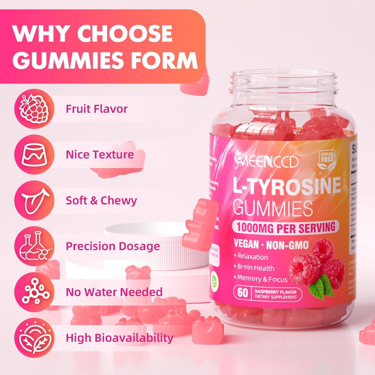 MEENCCD L-Tyrosin Gummibärchen, 1000 mg L-Tyrosin Nahrungsergänzungsmittel für Kinder & Erwachsene, tägliche Wellness-Unterstützung, Nicht-GVO, Zuckerfrei, Himbeergeschmack, 60 Stück