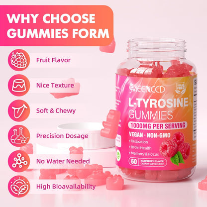 MEENCCD L-Tyrosin Gummibärchen, 1000 mg L-Tyrosin Nahrungsergänzungsmittel für Kinder & Erwachsene, tägliche Wellness-Unterstützung, Nicht-GVO, Zuckerfrei, Himbeergeschmack, 60 Stück
