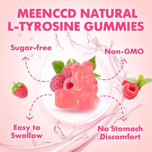 MEENCCD L-Tyrosin Gummibärchen, 1000 mg L-Tyrosin Nahrungsergänzungsmittel für Kinder & Erwachsene, tägliche Wellness-Unterstützung, Nicht-GVO, Zuckerfrei, Himbeergeschmack, 60 Stück