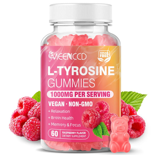 MEENCCD L-Tyrosin Gummibärchen, 1000 mg L-Tyrosin Nahrungsergänzungsmittel für Kinder & Erwachsene, tägliche Wellness-Unterstützung, Nicht-GVO, Zuckerfrei, Himbeergeschmack, 60 Stück