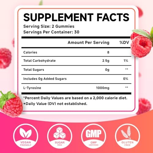 MEENCCD L-Tyrosin Gummibärchen, 1000 mg L-Tyrosin Nahrungsergänzungsmittel für Kinder & Erwachsene, tägliche Wellness-Unterstützung, Nicht-GVO, Zuckerfrei, Himbeergeschmack, 60 Stück