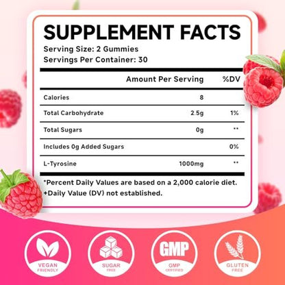 MEENCCD L-Tyrosin Gummibärchen, 1000 mg L-Tyrosin Nahrungsergänzungsmittel für Kinder & Erwachsene, tägliche Wellness-Unterstützung, Nicht-GVO, Zuckerfrei, Himbeergeschmack, 60 Stück