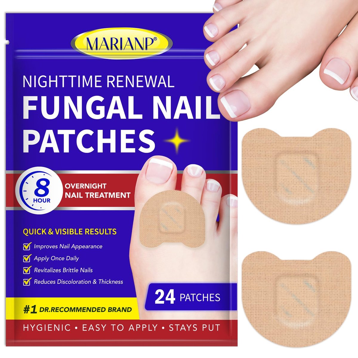OMZOK Nagelpilz Behandlung Extra Stärke, 24 Stück Pilzpflaster für Zehennagelpilz über Nacht, Nagelreparatur für beschädigte Nägel, Pflegezubehör, Wiederherstellung von Verfärbung und Verdickung
