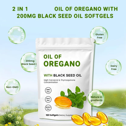YKJHCSL 2-in-1 Oregano-Öl Softgels – Bio Oregano-Öl Kapseln mit Schwarzkümmelöl, 180 Stück