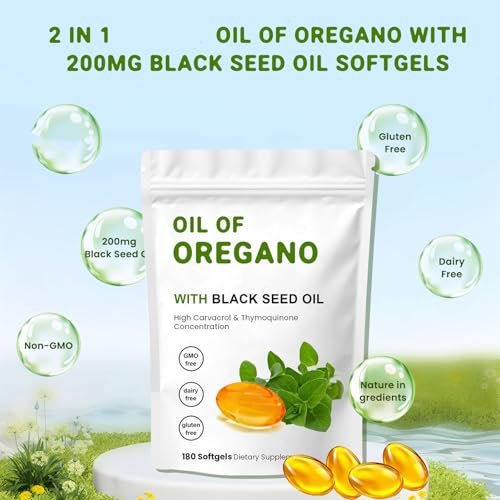 YKJHCSL 2-in-1 Oregano-Öl Softgels – Bio Oregano-Öl Kapseln mit Schwarzkümmelöl, 180 Stück