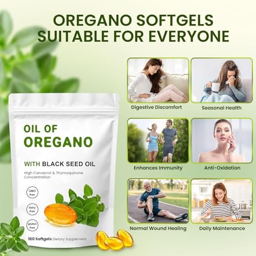 YKJHCSL 2-in-1 Oregano-Öl Softgels – Bio Oregano-Öl Kapseln mit Schwarzkümmelöl, 180 Stück
