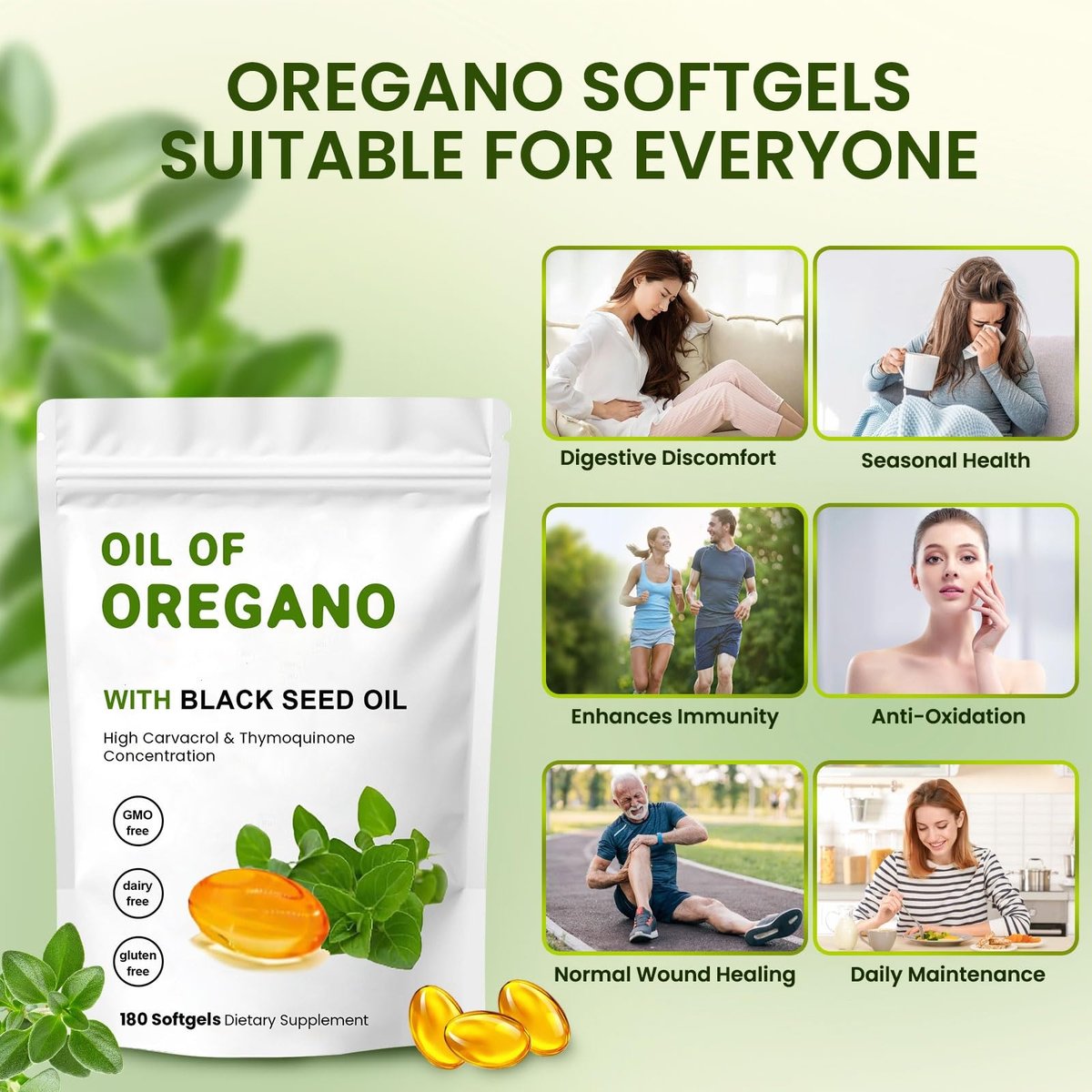 YKJHCSL 2-in-1 Oregano-Öl Softgels – Bio Oregano-Öl Kapseln mit Schwarzkümmelöl, 180 Stück