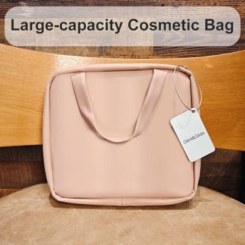 GLINT & GLIDE Reise-Makeup-Tasche mit Spiegel – Große Kapazität, Hängende Kulturbeutel, Organizer-Kosmetiktasche für Frauen und Mädchen, Pink