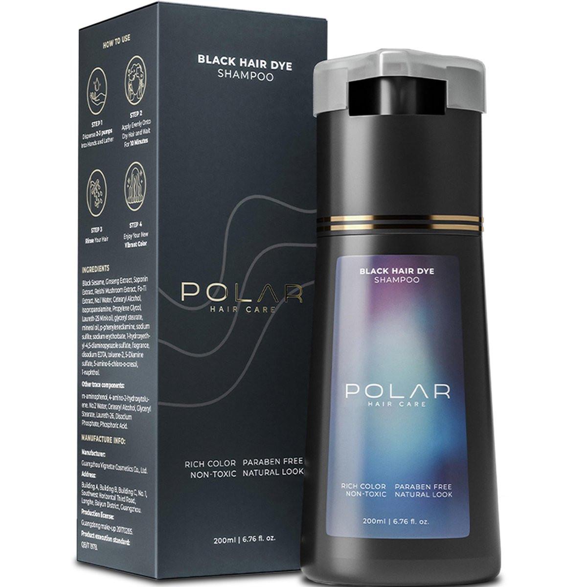POLAR HAIR CARE Polar Haircare - Haarfärbe-Shampoo für graues Haar für Frauen & Männer (Tiefschwarz) Natürliches Haarfärbeset - Semi-permanentes Haarfärbe-Shampoo - Veganes Haarfärbemittel USA 200 ml