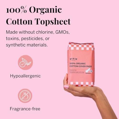 Pixie Bio-Baumwolle Ultradünne Extra Lange Nachtbinden für Damen – Maximale Saugfähigkeit mit Flügeln – Auslaufsicher, Hypoallergen, Duftneutral, Postpartum – Kompostierbar, Biologisch Abbaubar – 12 Stück