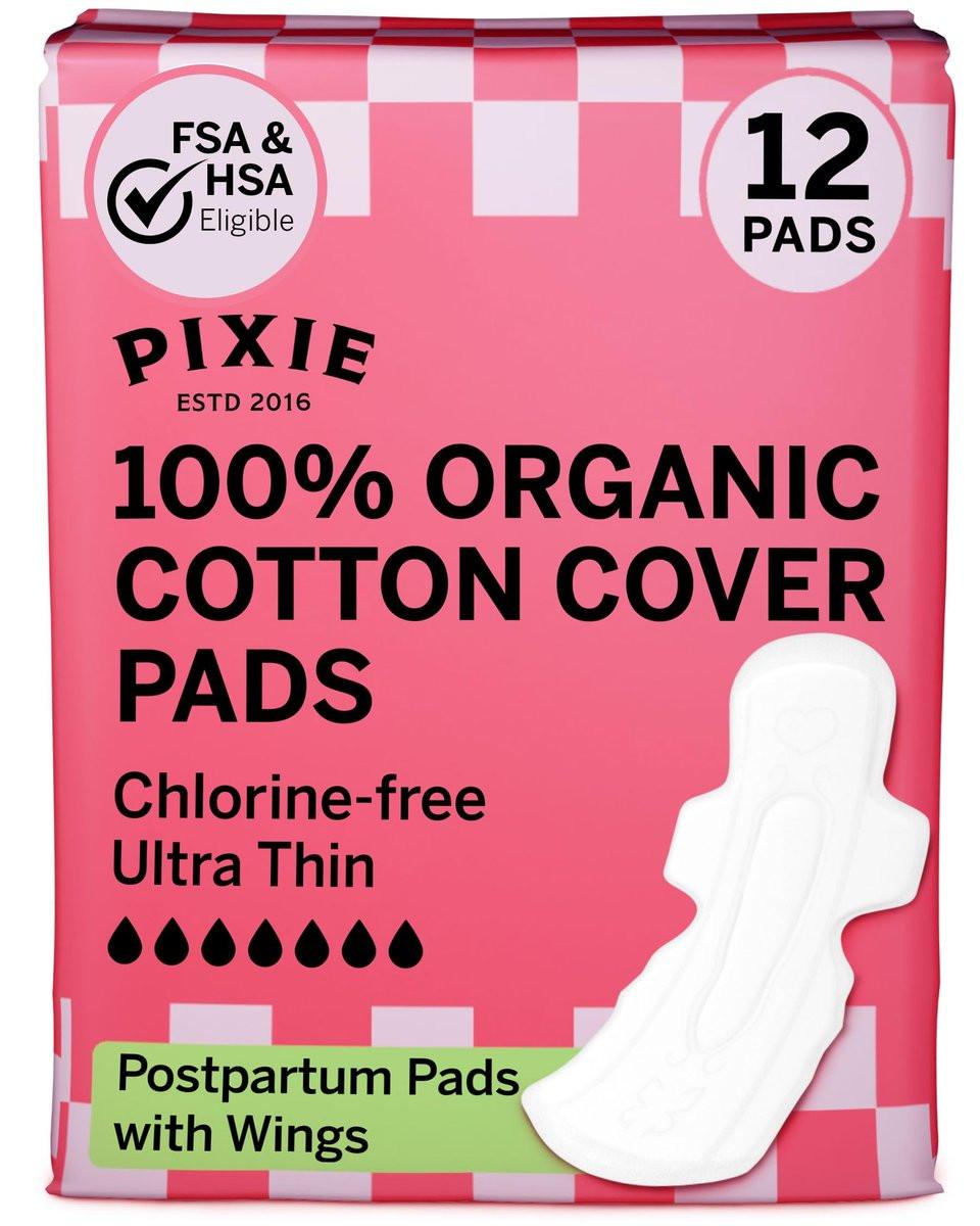 Pixie Bio-Baumwolle Ultradünne Extra Lange Nachtbinden für Damen – Maximale Saugfähigkeit mit Flügeln – Auslaufsicher, Hypoallergen, Duftneutral, Postpartum – Kompostierbar, Biologisch Abbaubar – 12 Stück