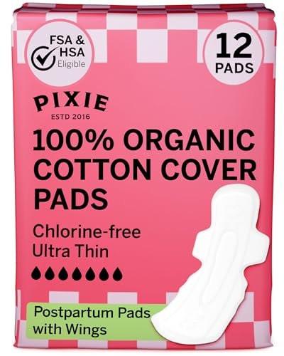 Pixie Bio-Baumwolle Ultradünne Extra Lange Nachtbinden für Damen – Maximale Saugfähigkeit mit Flügeln – Auslaufsicher, Hypoallergen, Duftneutral, Postpartum – Kompostierbar, Biologisch Abbaubar – 12 Stück