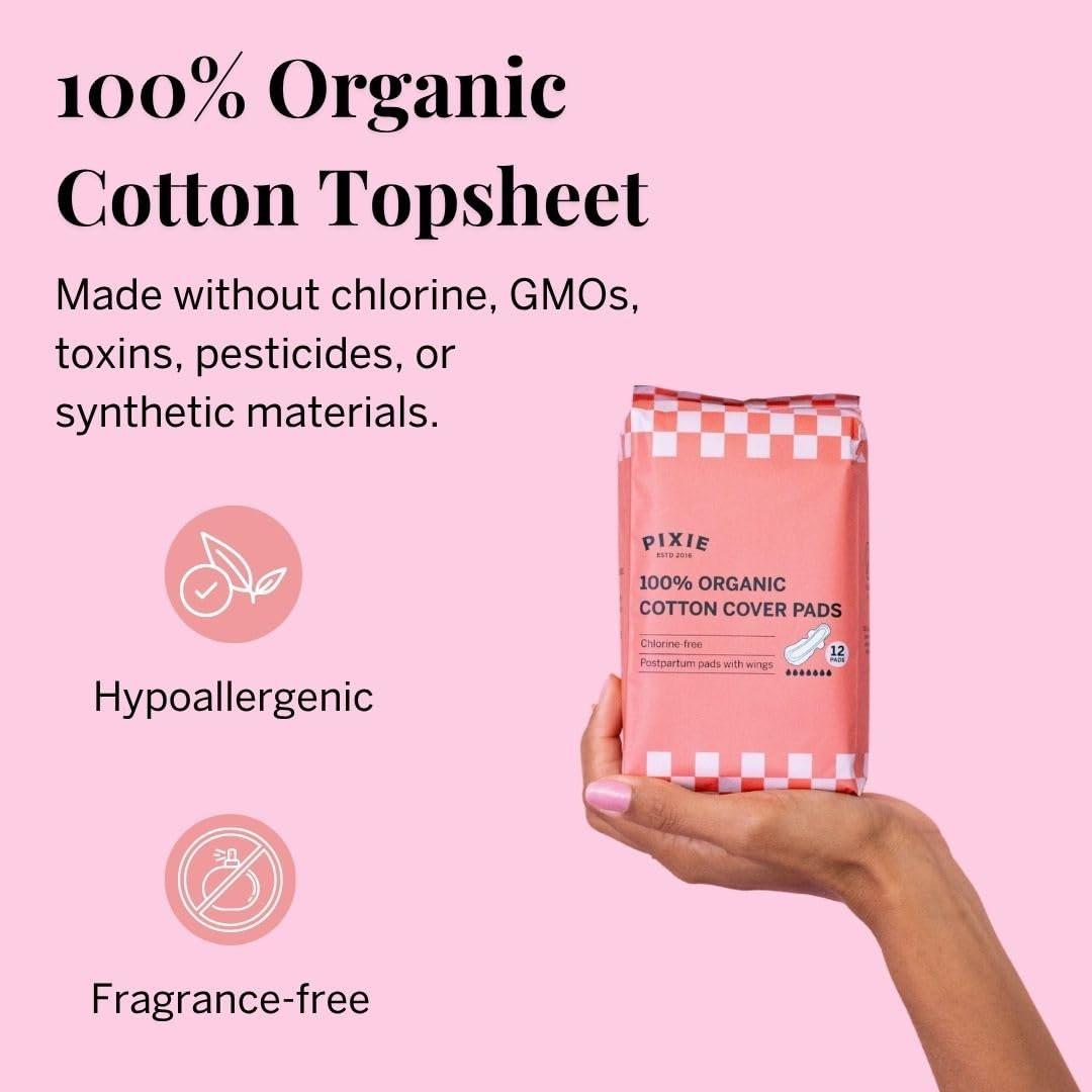 Pixie Bio-Baumwolle Ultradünne Extra Lange Nachtbinden für Damen – Maximale Saugfähigkeit mit Flügeln – Auslaufsicher, Hypoallergen, Duftneutral, Postpartum – Kompostierbar, Biologisch Abbaubar – 12 Stück