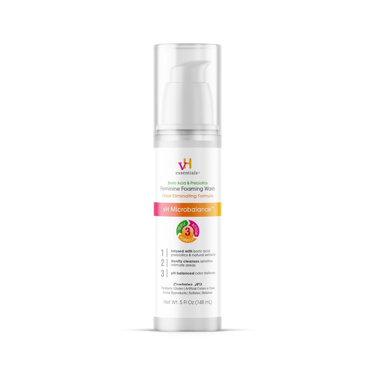 vH Essentials Feminine Foaming Wash mit Borsäure und Präbiotika, geruchsneutralisierende pH-ausgleichende tägliche Reinigung mit Lavendel und Kamille, 150 ml