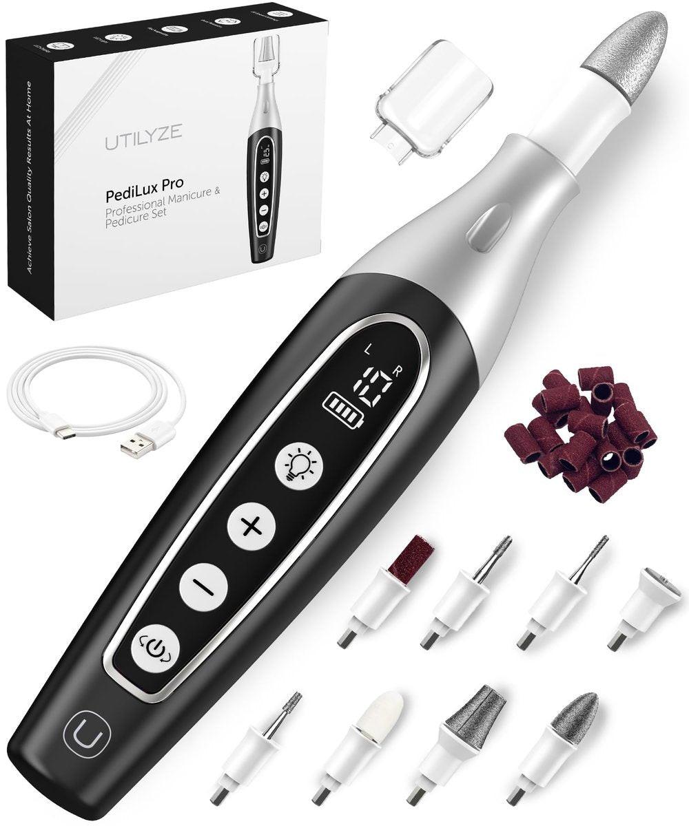 UTILYZE PediLux Pro Professionelles Maniküre-Pediküre-Set – Kabelloser Nagelbohrer für dicke Zehennägel, Elektrische Nagelfeile, Hornhautentferner für Männer, Frauen, Senioren – 32-teilig
