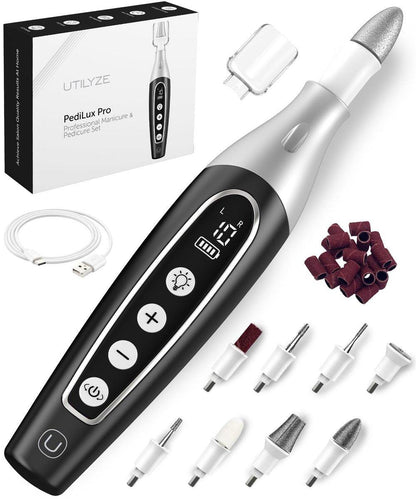 UTILYZE PediLux Pro Professionelles Maniküre-Pediküre-Set – Kabelloser Nagelbohrer für dicke Zehennägel, Elektrische Nagelfeile, Hornhautentferner für Männer, Frauen, Senioren – 32-teilig