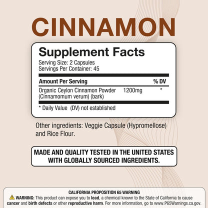Puregen Labs Bio-Zimt (Ceylon-Zimt) 1.200 mg pro Portion 90 vegane Kapseln – Ohne schädliche Zusätze | Nicht-GVO | Glutenfrei