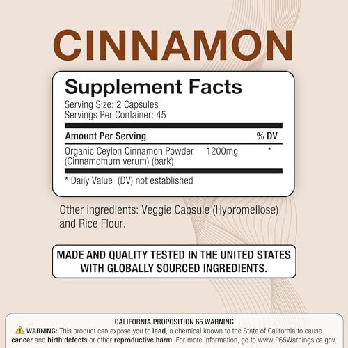 Puregen Labs Bio-Zimt (Ceylon-Zimt) 1.200 mg pro Portion 90 vegane Kapseln – Ohne schädliche Zusätze | Nicht-GVO | Glutenfrei