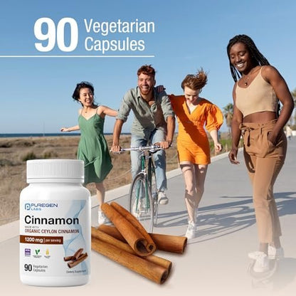 Puregen Labs Bio-Zimt (Ceylon-Zimt) 1.200 mg pro Portion 90 vegane Kapseln – Ohne schädliche Zusätze | Nicht-GVO | Glutenfrei