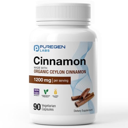 Puregen Labs Bio-Zimt (Ceylon-Zimt) 1.200 mg pro Portion 90 vegane Kapseln – Ohne schädliche Zusätze | Nicht-GVO | Glutenfrei