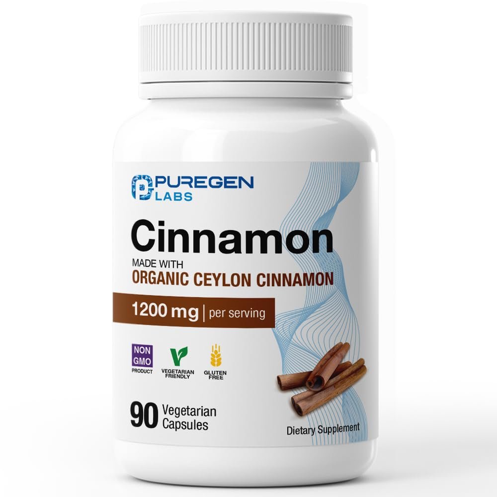 Puregen Labs Bio-Zimt (Ceylon-Zimt) 1.200 mg pro Portion 90 vegane Kapseln – Ohne schädliche Zusätze | Nicht-GVO | Glutenfrei
