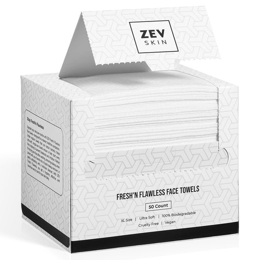 Zev Fresh’n Flawless Gesichtstücher, Einweg-Gesichtstuch für saubere, klare Haut - Make-up-Entferner, Trockentücher, Gesichtsreinigungstücher, 100% biobasiertes Tuch, biologisch abbaubar, XL ultraweich & nachhaltig, 50 Stück