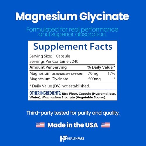 HealthFare Magnesium Glycinat 500 mg | 240 vegane Kapseln | Hochabsorbierendes cheliertes Magnesium | Glutenfrei | Nicht-GVO | Hergestellt in den USA