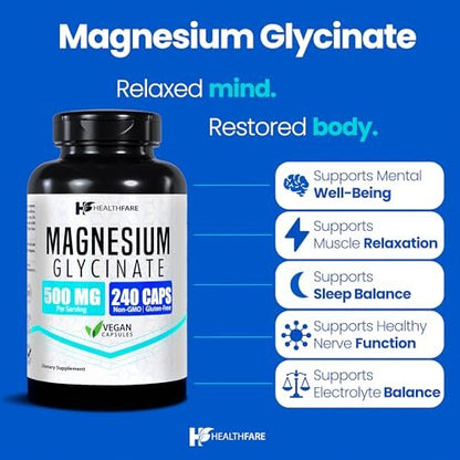 HealthFare Magnesium Glycinat 500 mg | 240 vegane Kapseln | Hochabsorbierendes cheliertes Magnesium | Glutenfrei | Nicht-GVO | Hergestellt in den USA