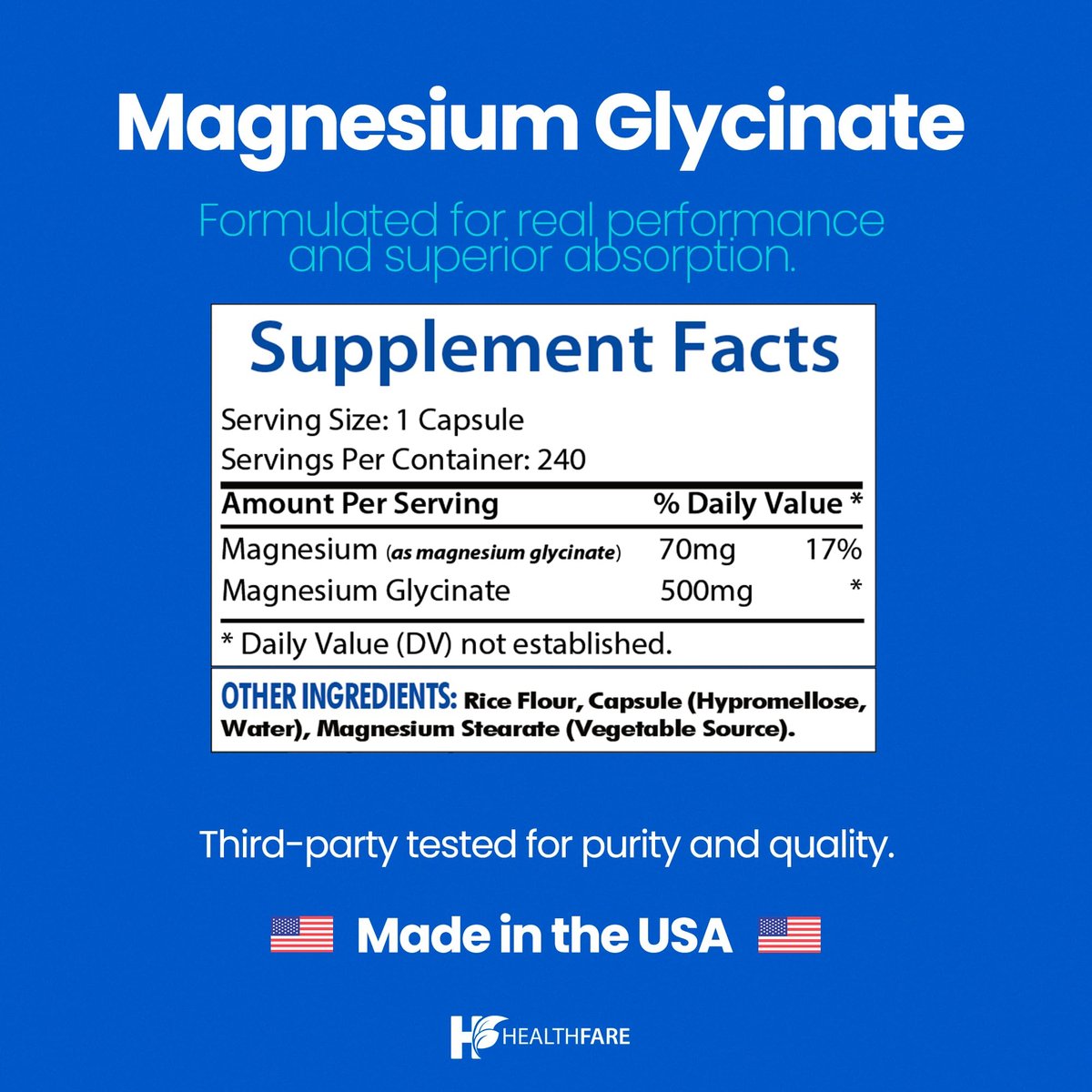 HealthFare Magnesium Glycinat 500 mg | 240 vegane Kapseln | Hochabsorbierendes cheliertes Magnesium | Glutenfrei | Nicht-GVO | Hergestellt in den USA