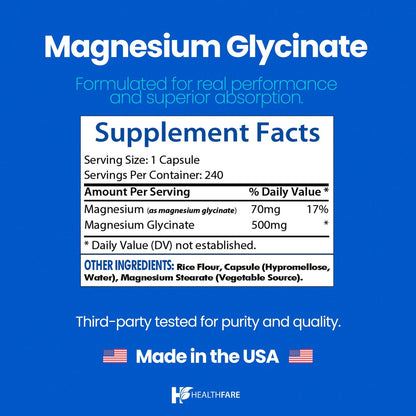 HealthFare Magnesium Glycinat 500 mg | 240 vegane Kapseln | Hochabsorbierendes cheliertes Magnesium | Glutenfrei | Nicht-GVO | Hergestellt in den USA