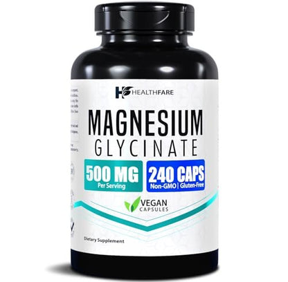 HealthFare Magnesium Glycinat 500 mg | 240 vegane Kapseln | Hochabsorbierendes cheliertes Magnesium | Glutenfrei | Nicht-GVO | Hergestellt in den USA