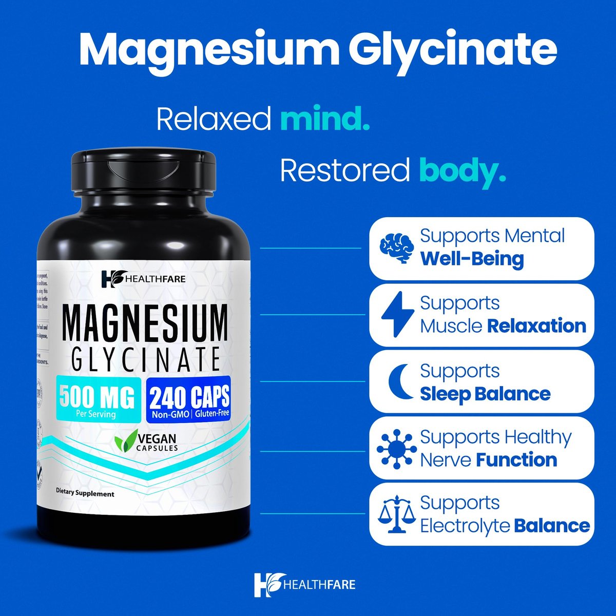 HealthFare Magnesium Glycinat 500 mg | 240 vegane Kapseln | Hochabsorbierendes cheliertes Magnesium | Glutenfrei | Nicht-GVO | Hergestellt in den USA