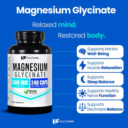 HealthFare Magnesium Glycinat 500 mg | 240 vegane Kapseln | Hochabsorbierendes cheliertes Magnesium | Glutenfrei | Nicht-GVO | Hergestellt in den USA