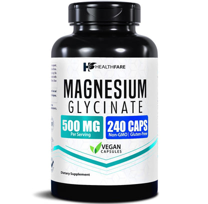 HealthFare Magnesium Glycinat 500 mg | 240 vegane Kapseln | Hochabsorbierendes cheliertes Magnesium | Glutenfrei | Nicht-GVO | Hergestellt in den USA