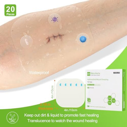 20er Pack Hydrokolloid-Wundverband 4x4 Zoll, extra dünn, für leichte Exsudate, Druckgeschwüre, Bettgeschwüre, kleine Verbrennungen, Schnitte & Schürfwunden, Blasen & postoperative Wundversorgung