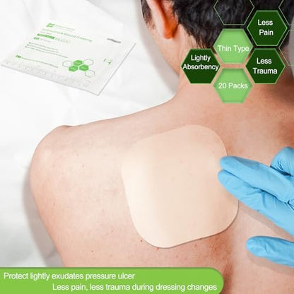 20er Pack Hydrokolloid-Wundverband 4x4 Zoll, extra dünn, für leichte Exsudate, Druckgeschwüre, Bettgeschwüre, kleine Verbrennungen, Schnitte & Schürfwunden, Blasen & postoperative Wundversorgung