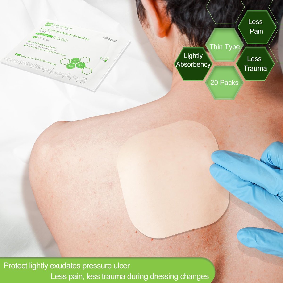20er Pack Hydrokolloid-Wundverband 4x4 Zoll, extra dünn, für leichte Exsudate, Druckgeschwüre, Bettgeschwüre, kleine Verbrennungen, Schnitte & Schürfwunden, Blasen & postoperative Wundversorgung