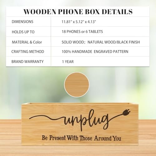 Bambus Holz Handy-Box – Digital Detox für Studium, Meetings und Familienzeit, Handy-Organizer mit Ladelöchern, Landhausstil, Platz für bis zu 18 Handys – Original Holz