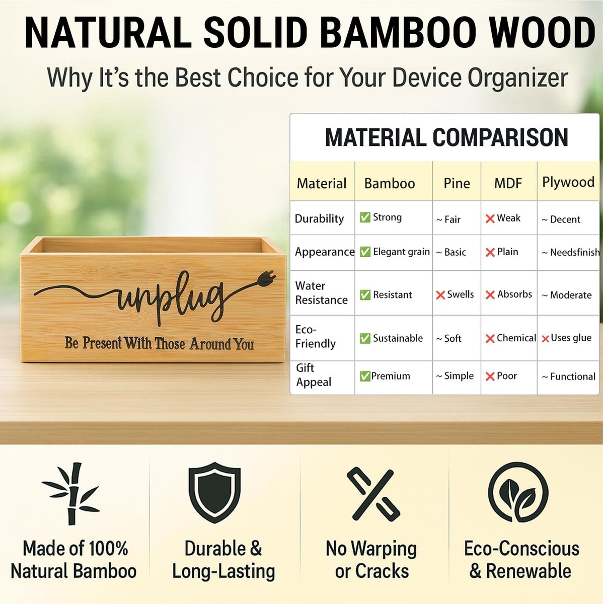Bambus Holz Handy-Box – Digital Detox für Studium, Meetings und Familienzeit, Handy-Organizer mit Ladelöchern, Landhausstil, Platz für bis zu 18 Handys – Original Holz