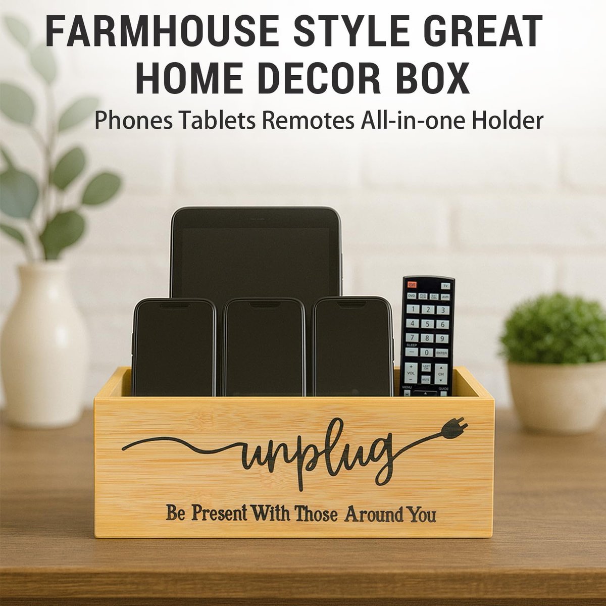 Bambus Holz Handy-Box – Digital Detox für Studium, Meetings und Familienzeit, Handy-Organizer mit Ladelöchern, Landhausstil, Platz für bis zu 18 Handys – Original Holz