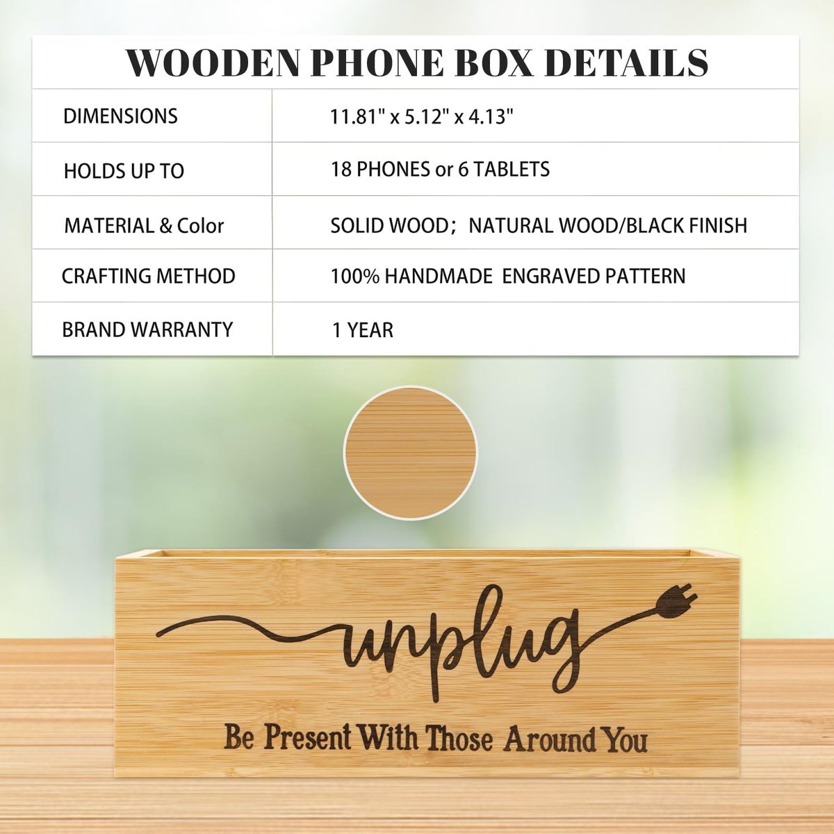 Bambus Holz Handy-Box – Digital Detox für Studium, Meetings und Familienzeit, Handy-Organizer mit Ladelöchern, Landhausstil, Platz für bis zu 18 Handys – Original Holz