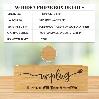 Bambus Holz Handy-Box – Digital Detox für Studium, Meetings und Familienzeit, Handy-Organizer mit Ladelöchern, Landhausstil, Platz für bis zu 18 Handys – Original Holz